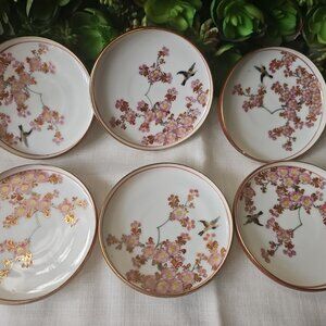 Vintage 6 Kutani Japan Cherry Blossoms & Bird small porcelain sauce trinket dish
